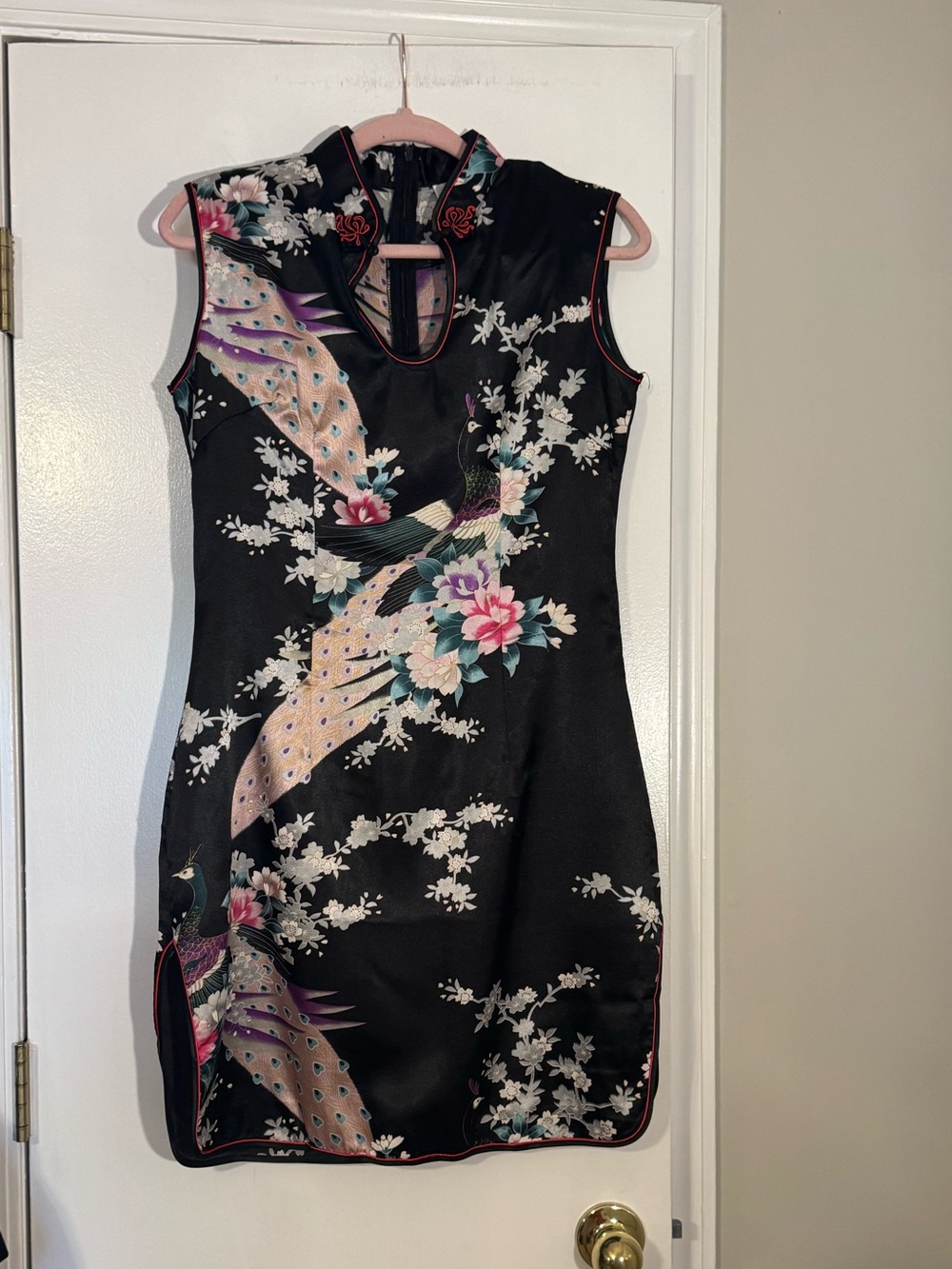 Black Floral Satin Asian style Mini Dress w Pink Accents cos play Anime party